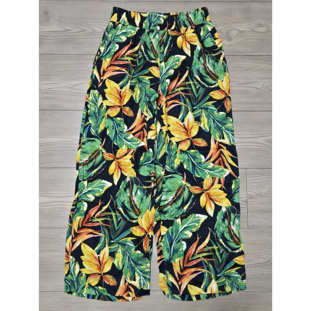 Nicole Miller Black Wide-Leg Pants with Green & Yellow Tropical Print